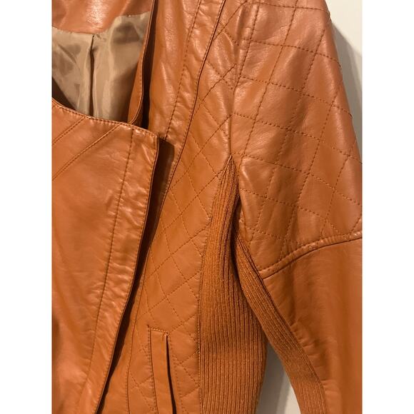 Cognac Vegan Leather Biker Jacket, Size Small, KB383hang - Picture 2 of 6